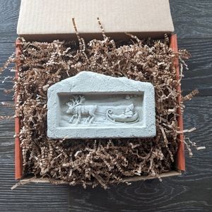 Carruth Studio Vintage Christmas Hand Cast Stone Relief of Santa & Reindeer